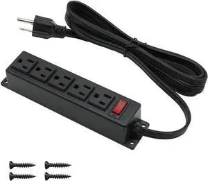 Mountable Power Strip Wall Mount Power Outlets Screw Down Power Socket in Desk Under Cabinet Power Station 5AC Outlet 6.56 Feet Extension Cord, On&Off Switch Black