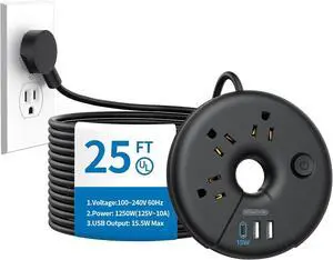 Extra Long Extension Cord 25 ft, NTONPOWER Flat Plug Power Strip with 3 Outlets 3 USB Ports(1 USB C), Flat Plug Extension Cord, Extension Cord with Multiple Outlets for Lndoor, Home, Office, Dorm