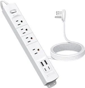 TROND Flat Plug Power Strip USB-5ft Flat Extension Cord Surge Protector Wall Mount, 2 Type C & 2 USB A Ports with Multiple Outlets, 1440J, 1625W for Office Supplies Dorm Room Essentials, White