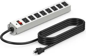 CCCEI Corner Mount Angle Power Strip, Under Cabinet Heavy Duty 8 Outlets Power Strip 20Amp, Metal Underneath Desk Plug Surge Protector, Wall Mountable, for Garage, Shop, Kitchen. 15FT Extension Cord.