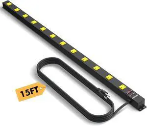 12 Outlet Long Power Strip with 15ft Cord, Wide Spaced Industrial Heavy Duty Surge Protector, ETL Certified, Ideal for Workshops, Garages & Workbenches