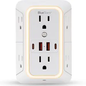 Wall Mount Power Strips Wall Charger 6 Outlet Extender 4 USB Ports (5V, 2.4A, 12W) and Night Light 3-Sided Power Strip with Adapter Spaced Outlets - Multi Plug Outlet Surge Protector for Home Office