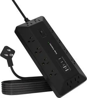 Flat Plug Power Strip - 16 Outlet Surge Protector with 12 AC - 2 USB-A18W and 2 USB-CPD20W Ports - The Partition with A Vertical Stand - Extension Cord with Multiple Outlets-6 Feet (Black)