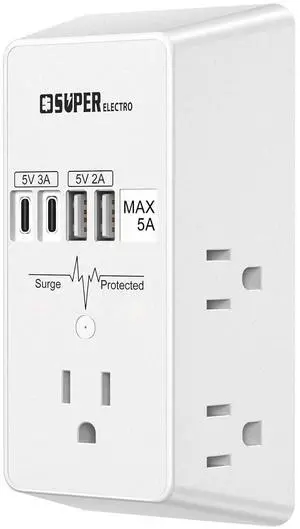 Outlet Extender, USB Wall Charger Surge Protector,5 Outlet Extender with 4 USB Charging Ports (5V 5A),3-Sided 1200J Power Strip Multi Plug Adapter for Home Travel,ETL Listed