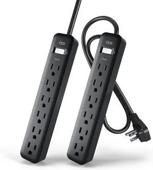 KMC 6-Outlet Power Strip, 2-Pack, Black Power Strips, 2ft Short Extension Cord with Multiple Outlets, 6 AC Power Outlet Strip, Flat Plug Powerstrip, 2pk, Black