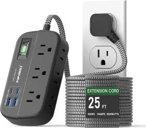 25 FT Flat Extension Cord, Power Strip with Surge Protection- 6 Widely Outlets 4 USB Ports, Flat Plug, Wall Mount Outlet Extender, 1080J Multiple Outlets for Indoor Home Office, Dorm Room Essentials