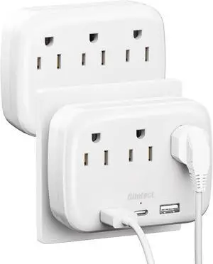 3 Outlet Extender Multi Plug Wall Outlets, Surge Protector, Wall Plug Splitter with 3 AC Outlets & 3 USB Ports (2 USB-A + 1 USB-C), Plug Adapter for Home/Office/Hotel/Travel, White(2 Pack)