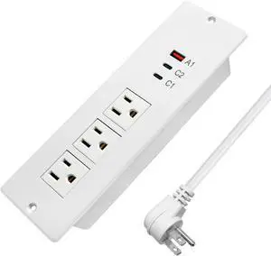 45W Recessed Power Strip USB C, Flush Mount Desk Extender 3 AC Outlets 2 PD USB-C&1 Fast Charge USB-A Ports,Flat Plug Extension Cord for Drawer Cabinet Countertop Table Conference White