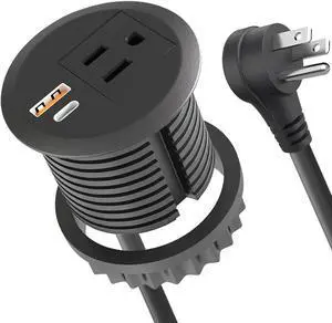 Desktop Power Grommet,2-inch Hole,10ft Cord,20W USB C Fast Charging Station,Round Recessed Outlet,2-USB Port,Flush Mount,Flat Plug,Black
