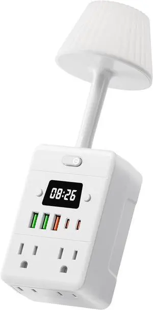 Bedside Power Strip with Lamp & Digital Clock, 4 Outlets 5 USB Ports (2 USBC), 3-Color Temperature Dimmable Bedside Nightstand Light, Multi Plug Outlet Extender for Bedroom Home Office, Coffee Counter