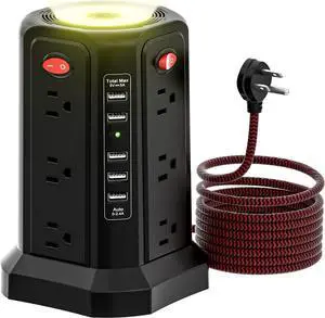 PASSUS Surge Protector Power Strip with 5 USB Ports and Night Light,10FT Braided Extension Cord with 12 AC Multiple Outlets, Power Tower Overload Protection for Home Office Dorm Room Essentials