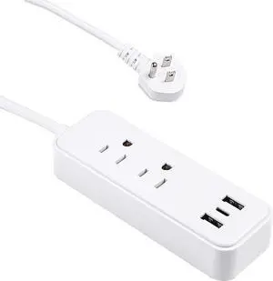 Clear Power 2-Outlet Power Strip with 3 USB Ports(1 USB-C), Flat Plug, 6 ft Power Cord, Desktop Charging Station with USB C, White, DC3S-1102-DC