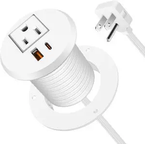 Desktop Power Grommet 2 Inch Hole, PD 30W USB C Fast Charging Station, Recessed Outlet, Ultra Thin Flat Plug Power Strip, Slim Extender, Table Outlets for Home, Office, 6ft Cord, White