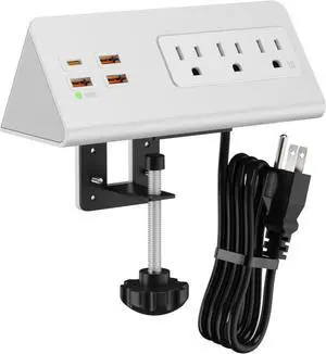 Desk Edge Clamp Mount Power Strips with 4 USB Ports(1xPD 20W USB-C Port)& 3 AC Outlets,1875 Joules Tabletop Surge Protector, Power Sockets for Office Table/Hotel Nightstands,ETL Listed (1-Pack, White)