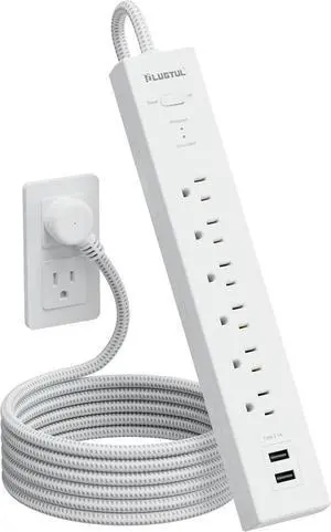 PLUGTUL Surge Protector Power Strip with USB Ports - 6FT Extension Cord with Multiple Outlets, Flat Plug, Wall Mount, 2 USB A, 980 J, Overload Surge Protection for Home Office White, ETL Listed