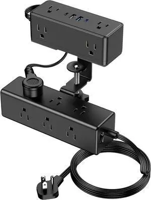 Dual Layer Desk Clamp Power Strip, 19 in 1 Desktop Edge Mount Surge Protector with 4 USB Ports(2 USB-C) & 15 AC Outlets, Ultra Thin Flat Plug & 5FT Power Cord for Office Home(ETL Listed)