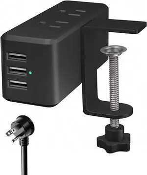 Compact Desk Edge Clamp Power Strip with 6-Outlet,3-USB-A-Port,Fit 2.4" Tabletop Edge,Table Leg.Meeoueoiu Desktop Mount Charging Power Station for Office Home,6.56ft Extension Cord,Black