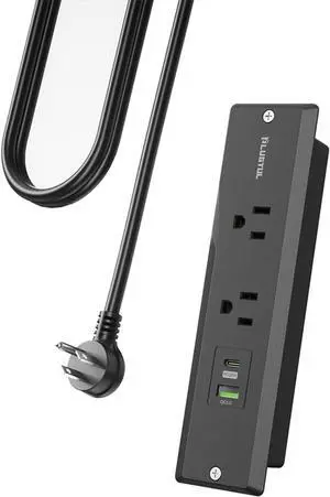 PLUGTUL Recessed Power Strip 6 FT, Flush Mount, PD 20W Fast Charging, Flat Plug, 16 Gauge, Black With USB C