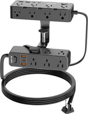 Dual Layer Desk Clamp Power Strip & Surge Protector: 17 Outlets + 7 USB (3 USB-C) Charging Station, Space-Saving Under Desk Organizer with 10ft Extension Cord, 1700J Protection (Black)