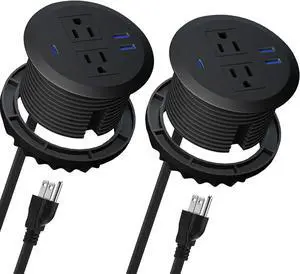 2PCS 3 Inch Desktop Power Grommet,10ft Cord,20W USB C Fast Charging Station,3-USB Port,Flush Mount.Round Recessed Power Strip Desk Hole Grommet Outlet for Workspace,Sofa,Black