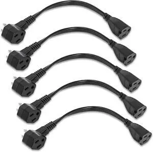 5 Pack, 2-Outlet Short Extension Cord 1 ft, UL Standard 13A/1625W Pigtail Extension Cord with Outlet Plug, 3-Prong Splitter Plug Saver, Expands the Reach of Cables 12 in, Black