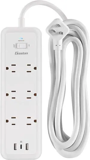Gaston Surge Protector Power Strip - 10 Ft Plug Extension Cord, 6 Widely Outlets, 3 USB Ports(1 USB C), 1 Side Outlet Extender for Home Office, White, ETL Listed