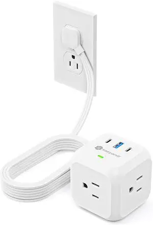 Power Strip Cube with USB Ports, 900 Joules Surge Protection, 10 ft Flat Plug Extension Cord, 3 AC Outlet 3 USB Ports(2 USB C), Desk Charging Station for Home Office Travel, White