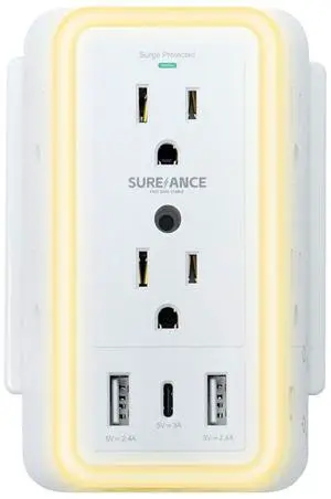 Multi Plug Wall Outlet, SUREANCE 6-Outlet Extender with Night Light, 3 USB Ports, 3-Sided Power Strip with Adapter Spaced Outlets,1050J Wall Charger, for Home Office Dorm Essentials