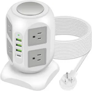 8-Outlet Power Strip Tower | 15 FT Long Extension Cord with Multiple Outlets, 4 USB Ports, Flat Plug | 20W USB C Charging Station | Space-Saving Surge Protector Tower for Desk, Office, Home, Room