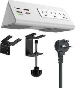 Power Charge Station Edge clamp Mount with USB-C PortsTabletop Surge Protector, Desk Clamp Power Sockets with 3 AC Outlets and 4 Fast Charging USB Ports for Home Office Hotel and Dormitory (White)