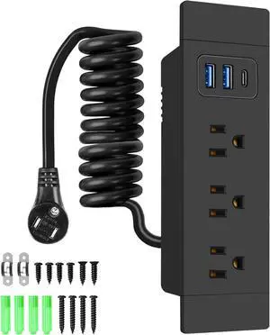 Drawer Outlet Kit with One USB-C, Two USB-A, and Three AC Outlets - 5FT Power Cord with Spring Cable, Docking Drawer Charging Station, UL Listed for Safe & Tidy Drawer Installation