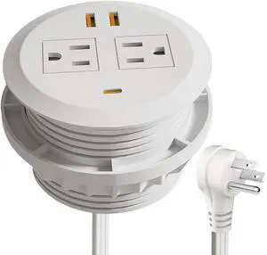 3 Inch Desktop Power Grommet,65W GaN USB C Fast Charging Station,3-USB Port,Flush Mounted for 3-1/8" Holes,Flat Plug.Round Recessed Desk Grommet Outlet for Workspace,Laptops,6.3ft,White