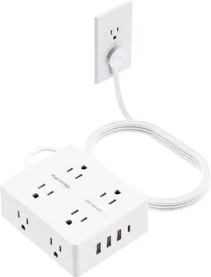 Surge Protector Power Strip 10 ft Cord, Olcorife Ultra Thin Flat Plug Extension Cord, 8 Outlets 4 USB Ports(1 USB C), Flat Plug Outlet Extender, College Dorm Room Essentials, White