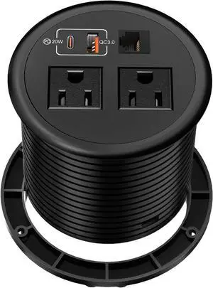 Desktop Power Grommet 90mm/3.5", Desk Power Outlet Socket Recessed Power Strip with 2 AC Outlet, PD 20W Fast Charging USB-C Port - Flush-Mount for Desktop, Table, Kitchen, Office Desk Outlet