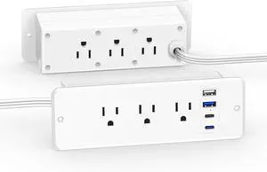 CCCEI 6 Outlets Dual Side Recessed Power Strip with 45W USB C Port, Furniture Flush Mount, Under Desk, Desk Top Multiple Outlet, Hidden Charging Station for Conference Table, Nightstand, White. 10FT.