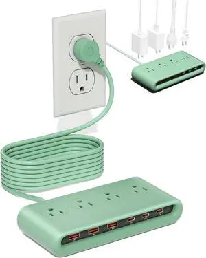 10 in 1 Flat Plug Power Strip with USB C, PD20W Fast Charging Station with 4 Outlets and 6 USB Port3 Type C+3 USB A, 5ft Extension Cord, Non Surge Protector for Travel (Green)