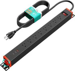QBA 8 Outlet Heavy Duty Power Strip with USB Ports, Rack Mount Surge Protector with 360° Rotating Brackets, USB C PD 20W, Wall Mount Power Strip for Home Office Garage Workshop