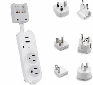 Ceptics Travel Power Strip - Compact and Portable - Surge Protector with Grounded USB & Type C Ports with 2 USA Outlets - Compatible Plugs for Europe, Asia, China, USA, and South America.