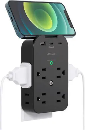 Outlet Extender - Wall Surge Protector with 8 Outlets 2 USB C 1 USB A, Wall Mount Adapter with Top Phone Holder for Home, School, Office 1800 Joules, Black Outlet Extender - Wall Surge Protector with 8 Outlets 2 USB C 1 USB A, Wall Mount Adapter with Top Phone Holder for Home, School, Office 1800 Joules, Black