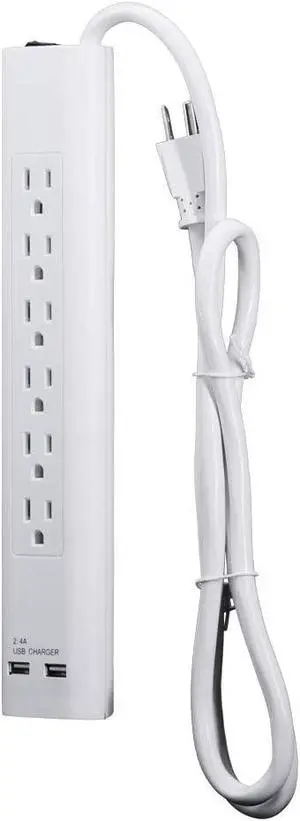 Uninex PS105SWT Slim 6-Outlet Surge Protector Power Strip with 2 USB Charging Ports (5V, 2.4A), 14/3 AWG, ETL Listed, White, 4-Foot