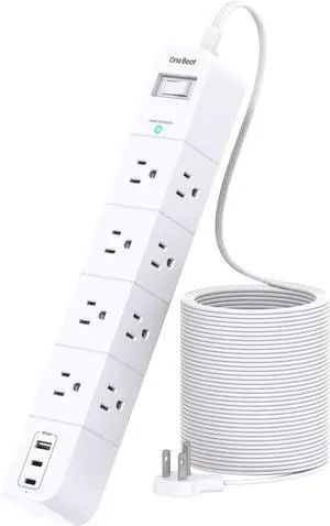One Beat Extension Cord 15 ft,Surge Protector Power Strip with 8 Widely AC Outlets 3 USB(2 USBC),Flat Plug Power Strip,Desktop Charging Station with Overload Protection for Home,Office,Dorm,ETL Listed