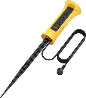 CCCEI Outdoor Power Strip Weatherproof with Stake, Waterproof Extension Cord with Multiple Outlets, Christmas Exterior Garden Decor, Yard, Camping, 4 Plugs, Surge Protector 6FT, Yellow.