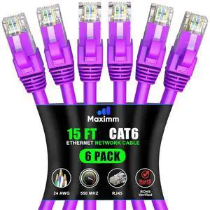 Maximm Cat6 Ethernet Cable 15 Ft Purple (6-Pack), 10Gbps 550MHz UTP Cord Maximm Cat6 Ethernet Cable 15 Ft Purple (6-Pack), 10Gbps 550MHz UTP Cord