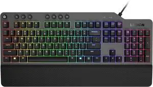 Lenovo Legion K500 RGB Mechanical Gaming Keyboard (GY40T26478), full-size 3-zone RGB, 7 programmable keys, 16.8M colors, 50M-click red switches, and detachable palm rest for comfort.