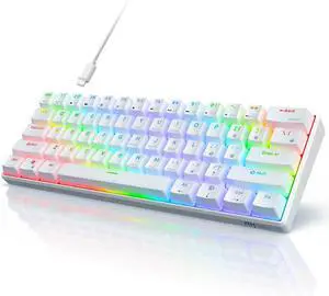 RK ROYAL KLUDGE RK61 Wired 60% Mechanical Gaming Keyboard, ultra-compact 61 keys, hot-swappable red switches, programmable QMK/VIA, vibrant RGB backlit, sleek white design.