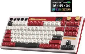 RK ROYAL KLUDGE M87 Wireless Mechanical Gaming Keyboard, 75% layout with screen & dual knob, tri-mode 2.4GHz/BT/USB-C, gasket structure, hot-swappable cream switches, RGB backlit, red.