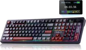 AULA F106 PRO wireless mechanical keyboard with 104 keys, RGB, tri-mode, hot-swappable, creamy sound, knob & screen, perfect for PC, laptop, Windows gaming, in black red design.