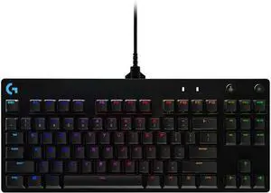 Logitech G PRO mechanical gaming keyboard with ultra-portable tenkeyless design, detachable micro USB cable, and 16.8M-color LIGHTSYNC RGB backlit keys for pro-level gaming performance
