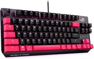 ASUS ROG Strix Scope TKL Electro Punk mechanical gaming keyboard with Cherry MX Red switches, extra-wide Ctrl key, Aura Sync RGB lighting, quick-toggle FPS mode, compact pink design for PC