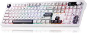 AULA F106PRO full-size wireless mechanical keyboard with media knob & screen, 8000mAh battery, hot-swappable custom PBT keycaps, Blaze switches, black/white/grey design for gaming or work
